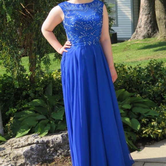 Royal Blue Sequinned Bodice Backless Prom Dress - Picture 1 of 12